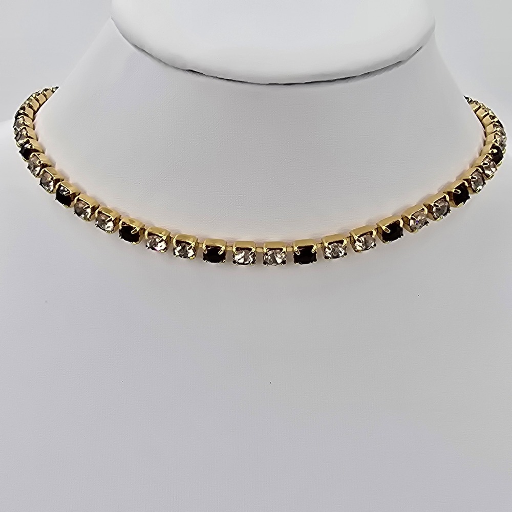Trifari Tennis Necklace Choker Gold Tone Black and Clear Crystal - Picture 3 of 8